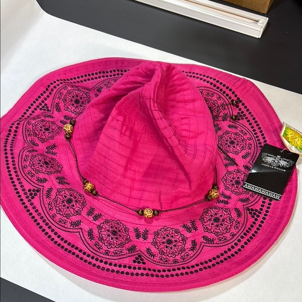 Angela & William Pink & blk Diva floppy Floral UPF 50+ sun Hat - Picture 5 of 13